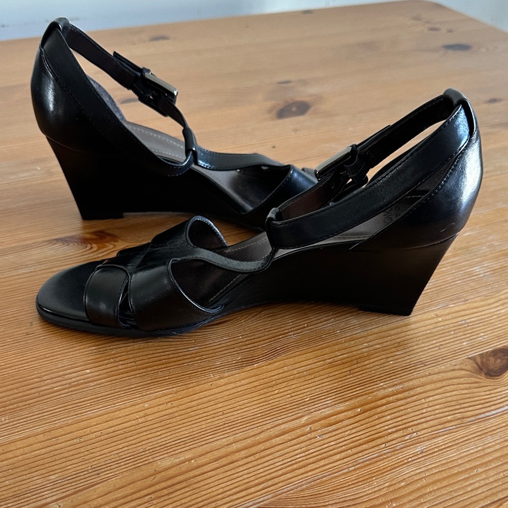 Women's Black Leather Wedge Sandals with Ankle Strap